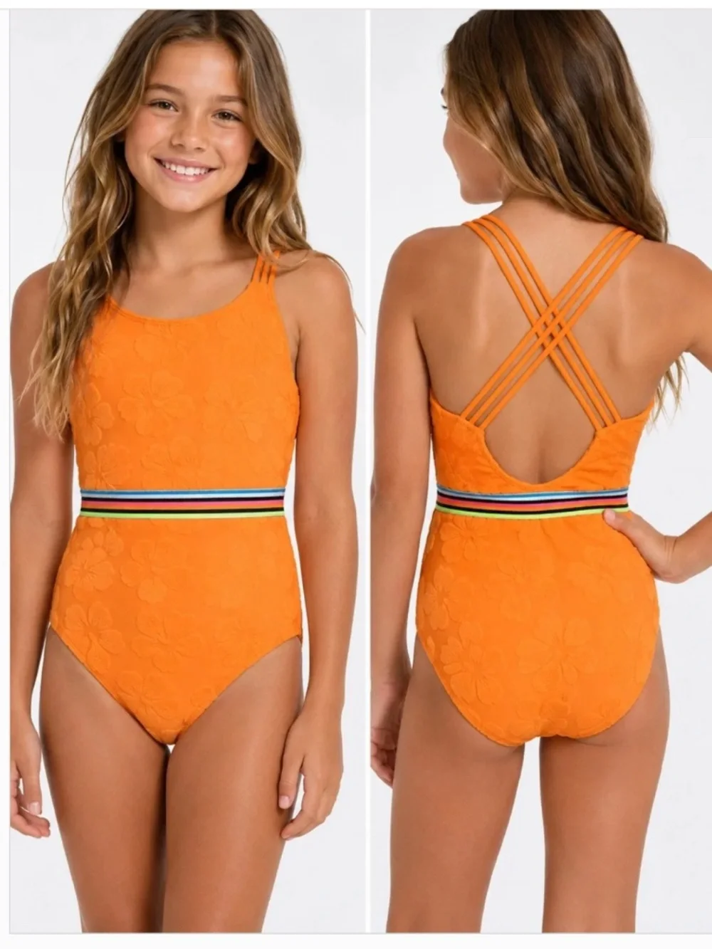 Hobie girls sz 10 orange terry tropical  one piece swimsuit floral